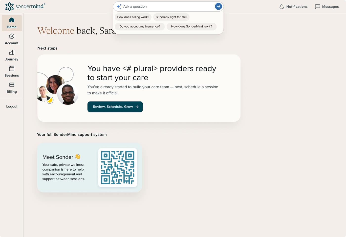 SonderMind portal with Sonder AI widget entry point